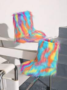 Bottes plates en peluche résistantes au froid, style nouveau, chaudes et colorées pour femmes. Bottes d'hiver avec fourrure, chaussures bleues, bottes de neige mode polyvalente, gardant au chaud en hiver, mignonnes et moelleuses, mi-mollet