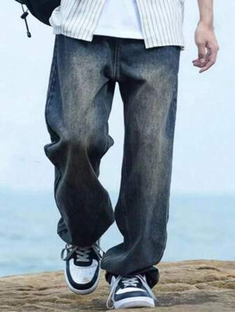 Teenagers & Teen Boy' Washed Straight Leg Loose Fit Casual Denim Jeans For Spring Autumn