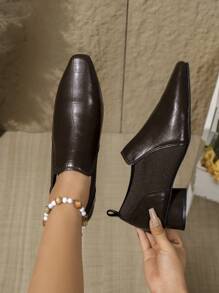 Women Chunky Heel Knitting Patchwork Loafers, Pointed Toe Vintage Mid-Heel Casual Business Slip-On Oxfords Chelsea Shoes, Brown, Spring & Autumn 2024 New Arrival