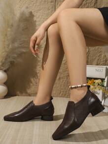 Women Chunky Heel Knitting Patchwork Loafers, Pointed Toe Vintage Mid-Heel Casual Business Slip-On Oxfords Chelsea Shoes, Brown, Spring & Autumn 2024 New Arrival