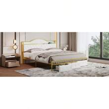 Metal Platform Bed With 3 Drawers, Storage Headboard, King, Gold