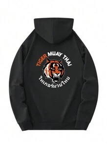 男友风男士新款连帽卫衣，休闲日常抽绳卫衣，卡通老虎和英文字母印花，正面袋鼠口袋，男友风男士上衣 - 黑色 - 查看 3