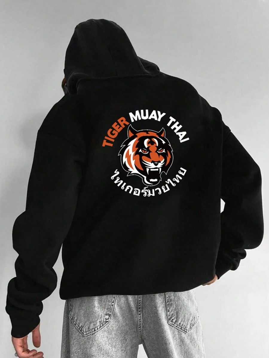 男友风男士新款连帽卫衣，休闲日常抽绳卫衣，卡通老虎和英文字母印花，正面袋鼠口袋，男友风男士上衣 - 黑色 - 查看 1