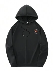 男友风男士新款连帽卫衣，休闲日常抽绳卫衣，卡通老虎和英文字母印花，正面袋鼠口袋，男友风男士上衣 - 黑色 - 查看 4