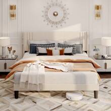 Full/Queen Size Bed Frame With Wingback Headboard, Modern Upholstered Platform Bed, Geometric Headboard, Sturdy Wooden Slats, Noise-Free, No Box Spring Needed, Valentine's Day Ideas