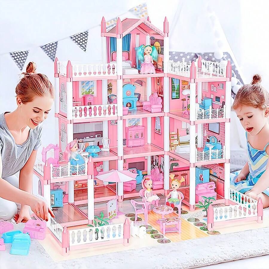 4/6/9/11/14 Room Doll House For Girls, Dream House Playset With 1 Dog, 2 Trees And 25 Furniture Accessories, Pretend Play Princess Toys House As Birthday & Christmas Gifts.