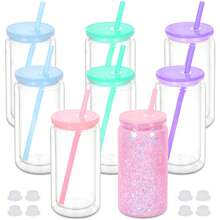 HILAKE 16 Oz Plastic Snow Globe Tumbler, 8 Packs Double Wall Snowglobe Tumbler With Pre Drilled Hole, Plastic Mason Jar Cups Can For Snow Globe Glitter DIY, Christmas And Halloween Gifts, Water Bottle, For Outdoor, Camping