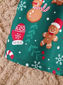 年轻女孩圣诞节褶边蝴蝶结雪人拐杖糖圣诞树印花连衣裙 - 紅色 - 查看 7