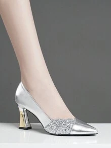 Women's Glitter High Heel Shoes, New Styles In Gold, Silver, Brown, Coffee Color, Fashion Thick Heel Pumps - Silver - View 3