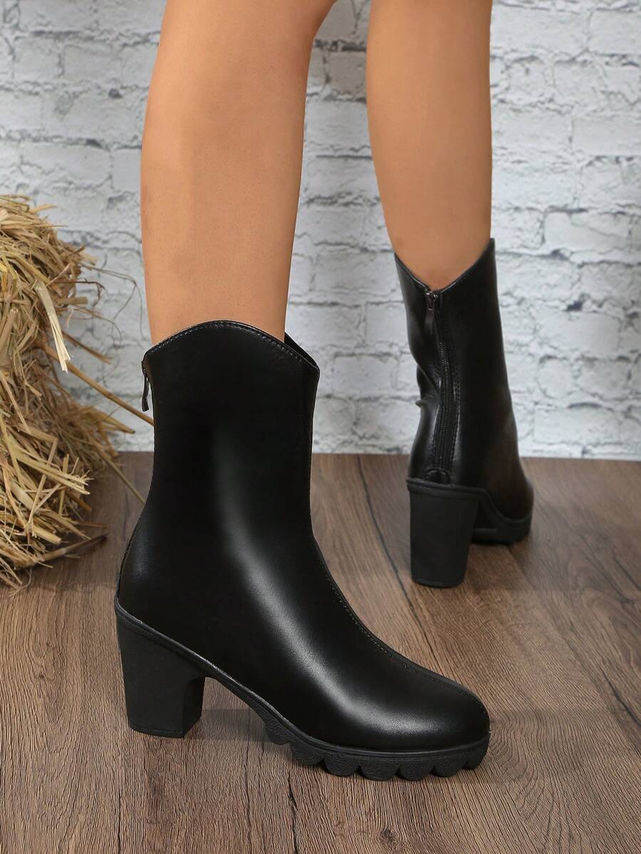 Giày bốt Knight dành cho nữ, Giày bốt cao gót đế thô mũi tròn thời trang thu đông mới, cao đến giữa bắp chân - màu đen - Xem 1