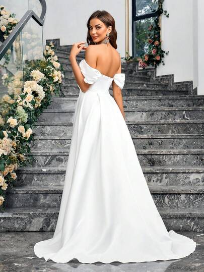 Elegante vestido de noiva de cor sólida com zíper nas costas e ombro de fora, vestido de noiva branco