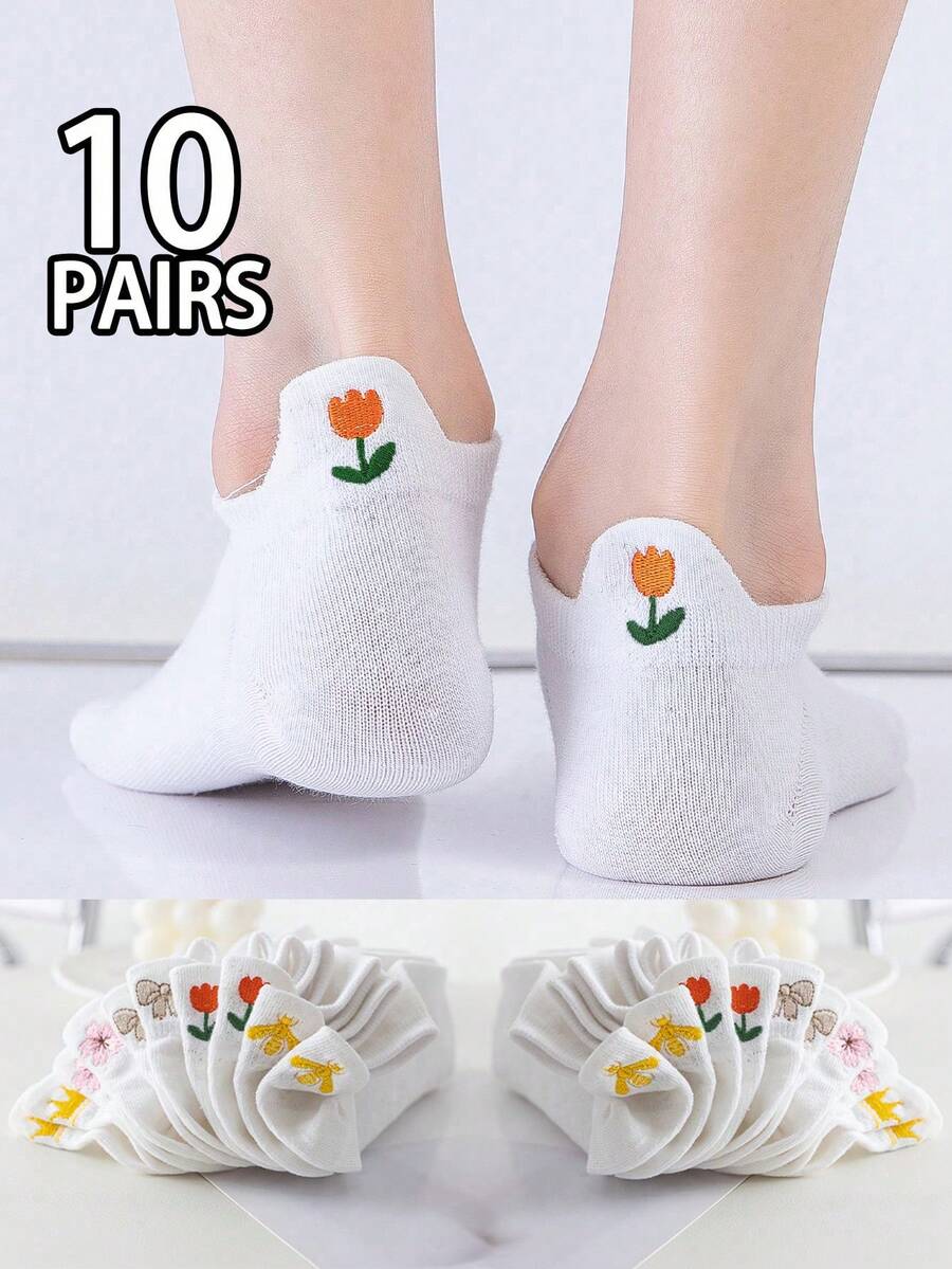 10 双女士纯色刺绣皇冠、蝴蝶结、蜜蜂、梅花柔软舒适防滑吸湿排汗趣味休闲隐形袜适合夏季日常穿着，脚跟保护袜 - 白色 - 查看 1