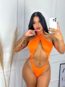 Women's Swimsuit With Ring Detail And Padding - trái cam - Xem 2
