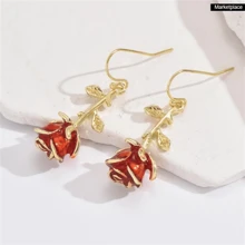 1pair Romantic & Cute Metal Rose Flower Red Enamel Creative Punk Style Dangle Earrings, Suitable For Holiday Party & Date
