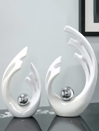 Articoli per la decorazione della casa bianchi con argento, decorazione da tavolo moderna di metà secolo in bianco, statue e sculture in ceramica a forma d'arte astratta come centrotavola decorativi, decorazioni in resina per librerie, perfetti come regali per la festa della mamma e decorazioni per matrimoni (argento).