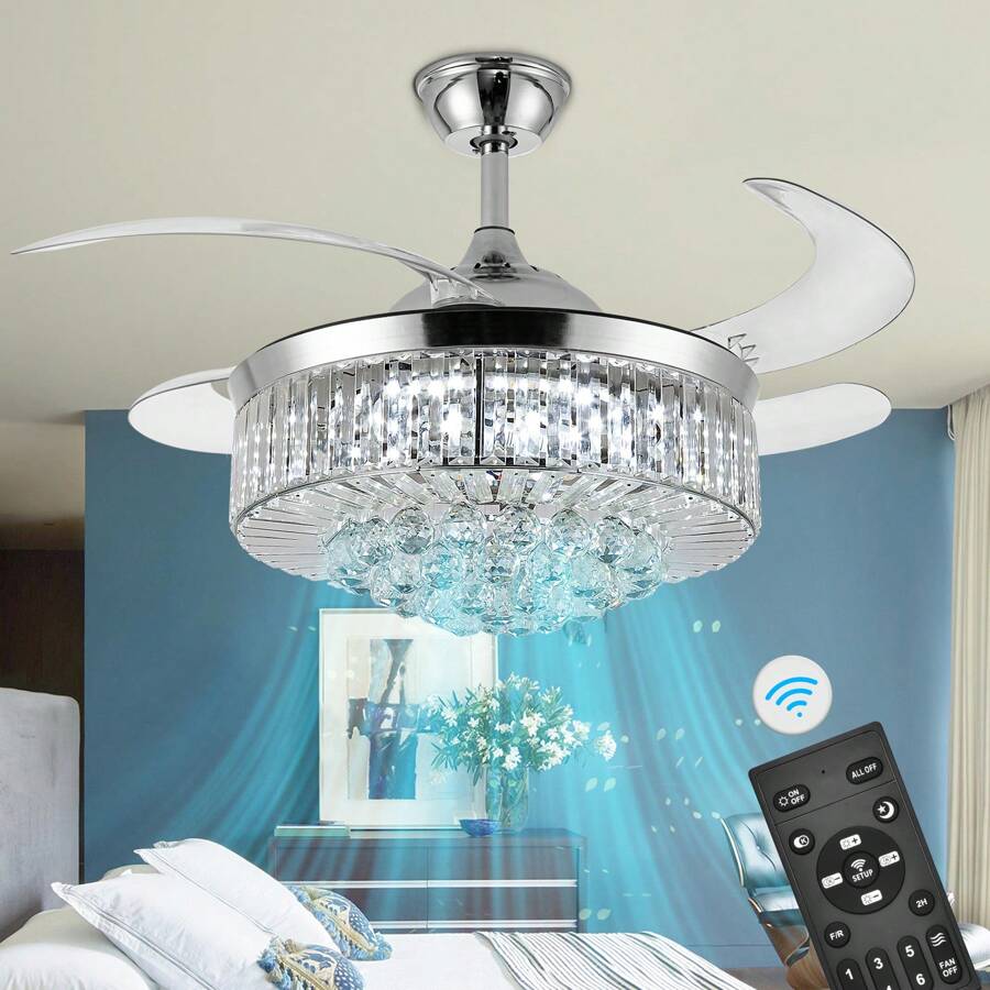 36 Inch Crystal Ceiling Fans With Lights, Modern Dimmable Fandelier LED Remote Control Retractable Invisible Blades Indoor Reversible Ceiling Light Kits With Fans For Decorate Living Room Bedroom - 銀色 - 查看 1