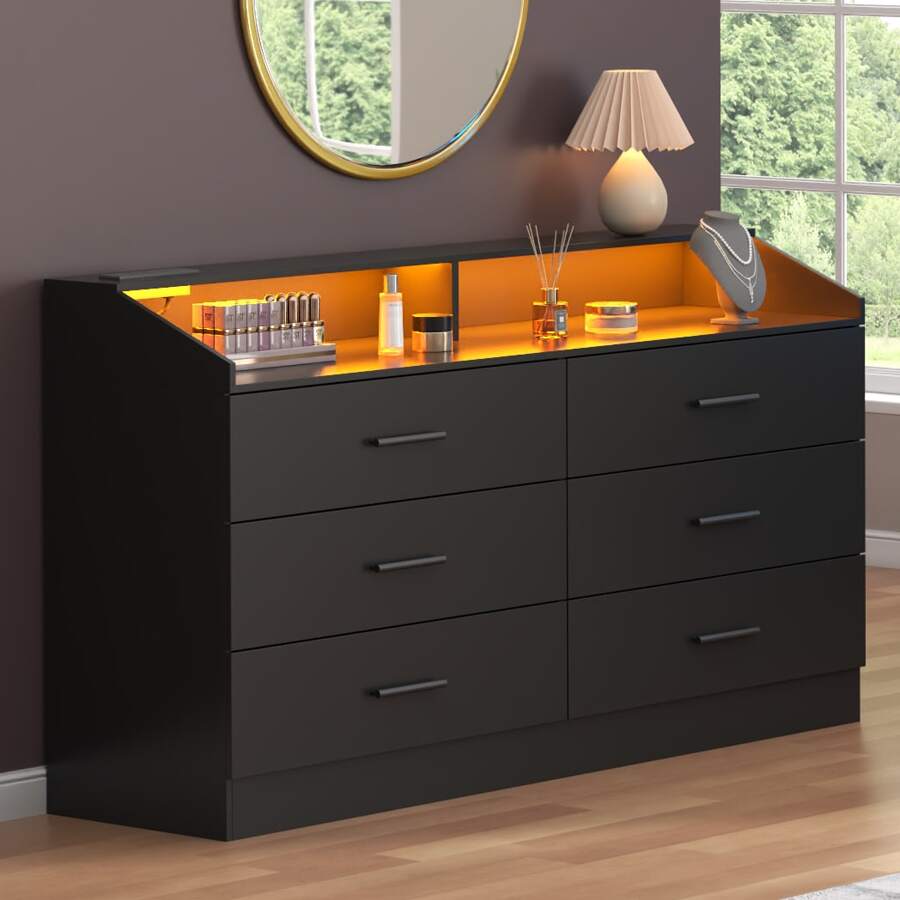 6 Drawers Dresser For Bedroom With  Power Outlet, Modern Chest Of Drawers With LED Light, Storage Dresser With Open Storage Cubby, Double Wide Dresser Organizer For Closet, Bedroom, Entryway, Hallway, Living Room (White/ Black /Brown/ Walnut) - 查看 1