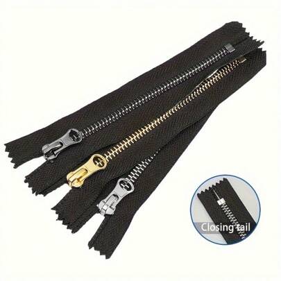 5pcs Single Slider, Double Sliders #5 Metal Zippers, Assorted Colors, Suitable For Sewing, Jackets, And Crafts - Black, Gold, Silver Grey