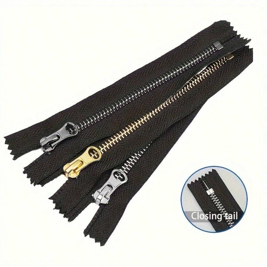 5pcs Single Slider, Double Sliders #5 Metal Zippers, Assorted Colors, Suitable For Sewing, Jackets, And Crafts - Black, Gold, Silver Grey