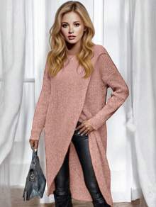 Long Sweater With Crossed Hem For Women - Rosewood - View 2