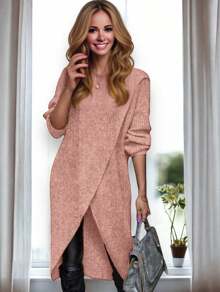 Long Sweater With Crossed Hem For Women - Rosewood - View 4