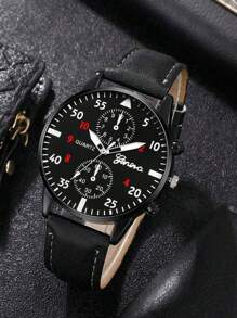 Bộ 4 chiếc đồng hồ đeo tay bằng da PU đơn giản, giản dị dành cho nam, 1 đồng hồ + 3 phụ kiện, Bộ đồng hồ thời trang dành cho nam, Thích hợp đeo quanh năm - màu đen - Xem 4