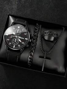 Bộ 4 chiếc đồng hồ đeo tay bằng da PU đơn giản, giản dị dành cho nam, 1 đồng hồ + 3 phụ kiện, Bộ đồng hồ thời trang dành cho nam, Thích hợp đeo quanh năm - màu đen - Xem 2