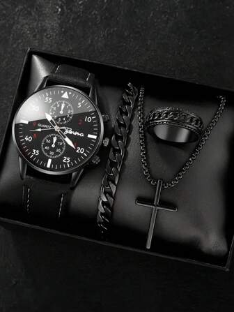 4pcs/Set Simple Casual Pointer PU Leather Watch Band Men's Watch Set, 1pc Watch + 3pcs Accessories, Fashion Men's Watch Set, Suitable For All Year Round Wear