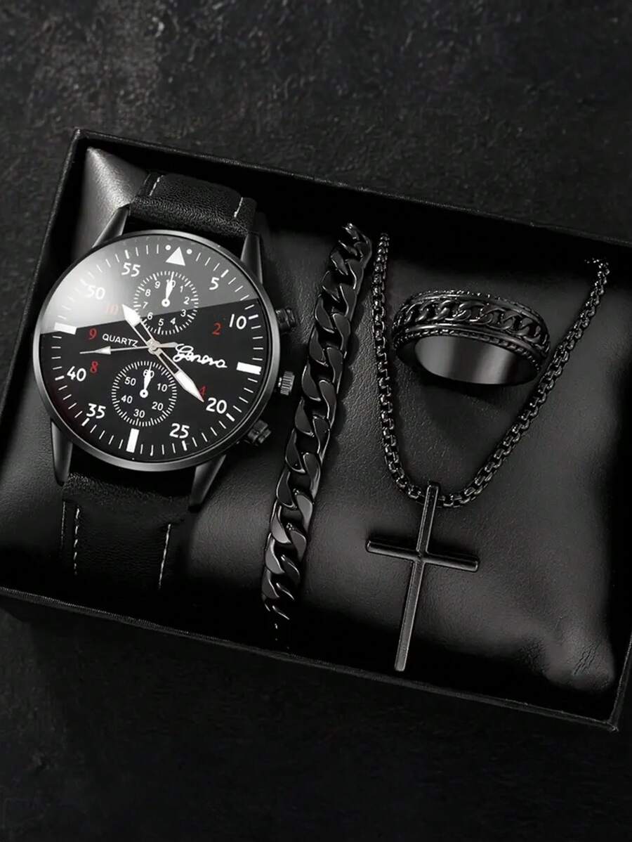 Bộ 4 chiếc đồng hồ đeo tay bằng da PU đơn giản, giản dị dành cho nam, 1 đồng hồ + 3 phụ kiện, Bộ đồng hồ thời trang dành cho nam, Thích hợp đeo quanh năm