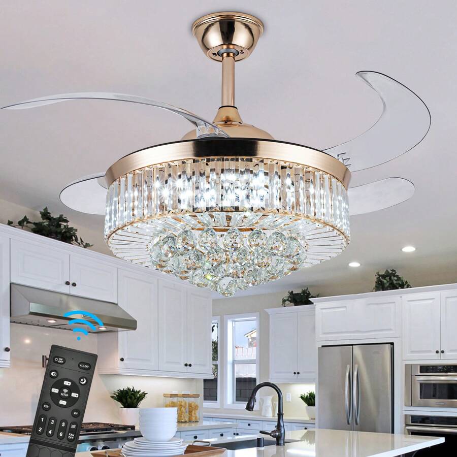 36 Inch Crystal Ceiling Fans With Lights, Modern Dimmable Fandelier LED Remote Control Retractable Invisible Blades Indoor Reversible Ceiling Light Kits With Fans For Decorate Living Room Bedroom - Gold - View 1
