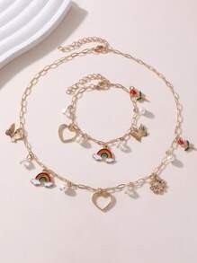 2 件套女孩花朵、心形和蝴蝶项链和手链套装