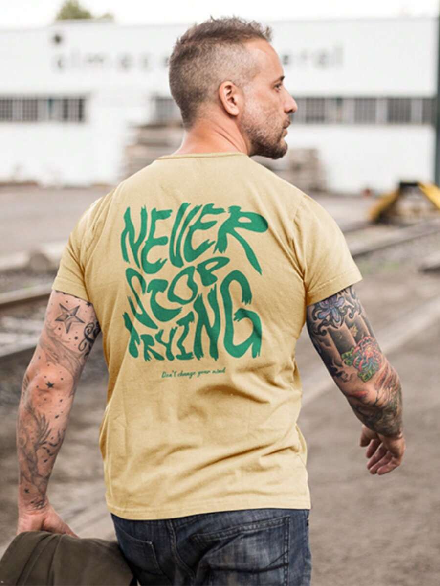 Men's 100% Cotton Basic Printed Never Stop T-Shirt Premium Comfortable Shirt - 米色 - 查看 1