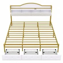 Metal Platform Bed With 3 Drawers, Storage Headboard, King, Gold