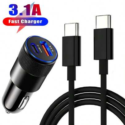 USB C Fast Car Charger,Car Cigarette Lighter 3.0 PD USB C Car Adapter,2 Port 3.1A USB+Type C Car Plug With 1x USB C To Type C Fast Charger Connection Cable Compatible With IPhone17 16/15/15Pro,Galaxy S24 S23 S22 S21 S20 S10 Plus, Pixel 7,Vivo,OPPO