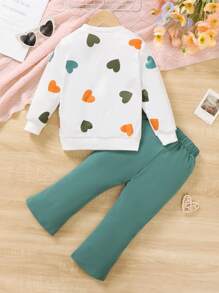 Young Girls Heart Graphic Print Sweatshirt & Solid Color Sweatpants Casual Set - Olive Green - View 3