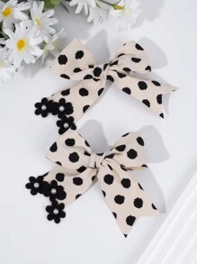 2 件女孩波尔卡圆点蝴蝶结发夹、黑色迷你花朵和人造珍珠装饰发夹、织物丝带打结发饰、鳄鱼发夹、儿童青少年发饰、秋冬发夹 - 彩色 - 查看 3