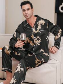 Two Pieces Sets Men's Satin Gold Dragon Print Edging Long Sleeved Pocket Top With Long Pants Pajama Set, Fall Clothes