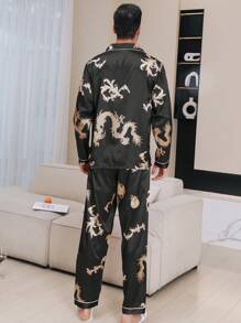 Two Pieces Sets Men's Satin Gold Dragon Print Edging Long Sleeved Pocket Top With Long Pants Pajama Set, Fall Clothes