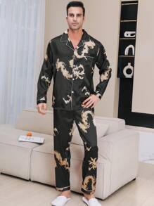 Two Pieces Sets Men's Satin Gold Dragon Print Edging Long Sleeved Pocket Top With Long Pants Pajama Set, Fall Clothes
