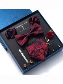 AlanKing 1set Orange Necktie, Pocket Square, Cufflinks, Boutonniere Suit For Men, Wedding Party Formal Gift Box Christmas