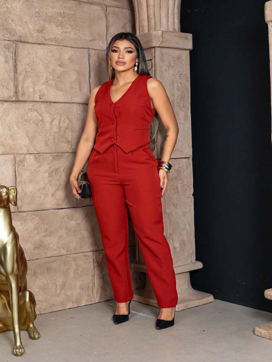 Women's Pants And Vest Set - 紅色 - 查看 1