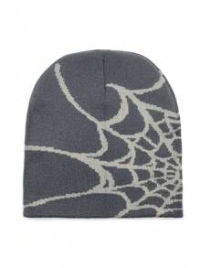 1pc Women's Fashionable Knitted Streetwear Y2K Beanie Hat, Autumn Winter Double Layer Spider Web Jacquard Pattern Halloween Elements Casual Brimless Hat