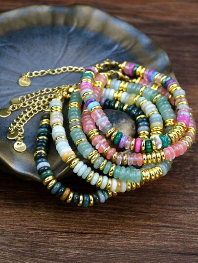 Pulsera de cuentas de piedra natural en colores dulces de dopamina, pulsera de moda para mujer para vacaciones de primavera/verano y uso diario