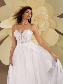 Deep V-Neck Spaghetti Strap Romantic Floral Lace Embroidered Elegant Tail Design Wedding Dress, Bridal Outdoor Beach Wedding Party - White - View 7