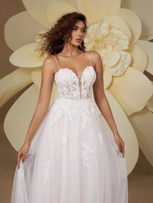 Deep V-Neck Spaghetti Strap Romantic Floral Lace Embroidered Elegant Tail Design Wedding Dress, Bridal Outdoor Beach Wedding Party - White - View 4