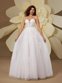 Deep V-Neck Spaghetti Strap Romantic Floral Lace Embroidered Elegant Tail Design Wedding Dress, Bridal Outdoor Beach Wedding Party - White - View 9