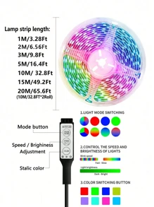 1pc 1m/5m/10m//15m/20m RGB 5050 LED Strip Light, Dimmable Color Changing Rope Lights With Switch Control For Home Decoration, Party, Kitchen, TV Backlighting