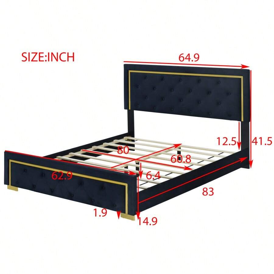 Queen Size Upholstered Platform Bed With Pull Point Headboard And Metal