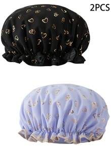 可重复使用双层心形金箔防水浴帽，浴室配件，时尚浴帽返校
