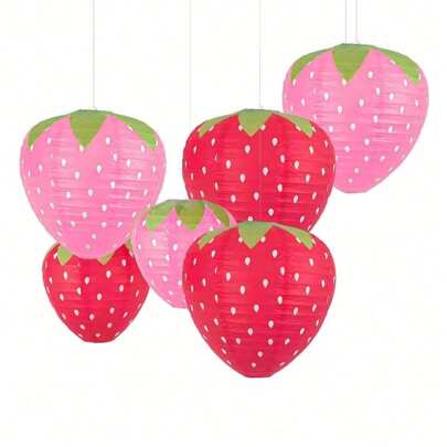 3pcs/6pcs Strawberry Paper Lanterns, Strawberry Party Decorations For Room, Birthday Party Supplies, Red And Pink Fruit Hanging Ornaments,Christmas